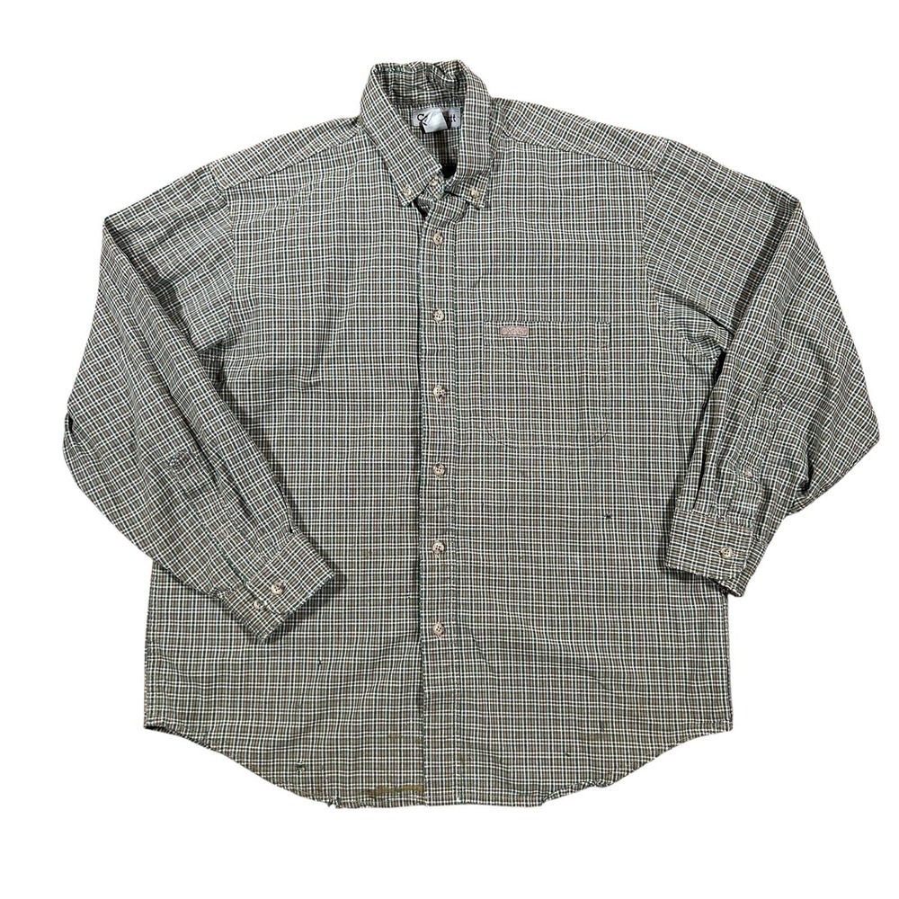 Vtg Carhartt Shirt Mens M Tan Green Plaid Flannel Midweight Button Workwear